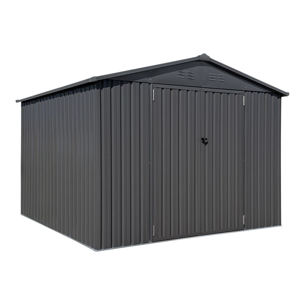 Double Swing Door Outdoor Metal Storage Shed with Sloped Roof, Charcoal, 10-ft x 10-ft