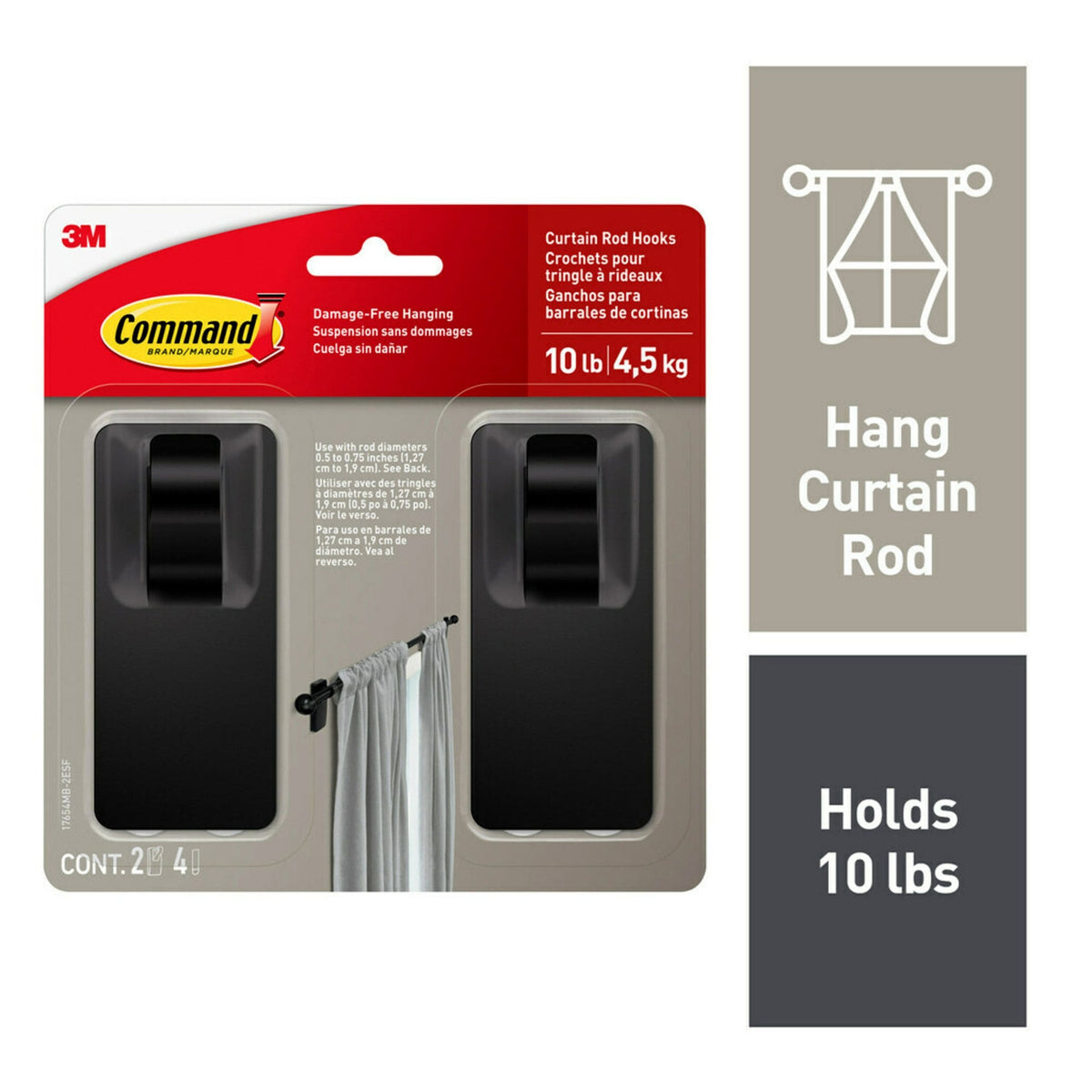 2-Piece 10-lb Matte Black Damage Free Curtain Rod Hooks