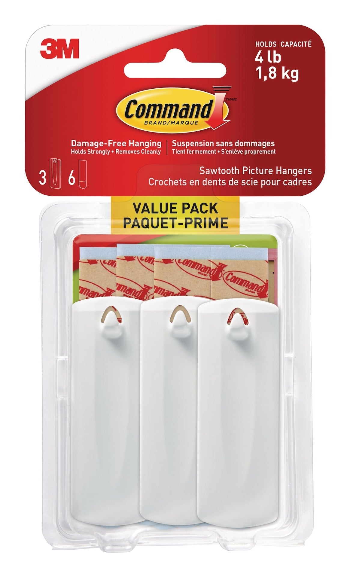 Adhesive Sawtooth Picture Hanging Hooks with Adhesive Strips, White, 4-lbs, 3 Strips per Pack
