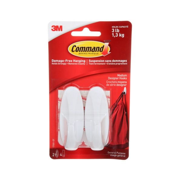 Medium Designer Hooks with Adhesive Strips, White, 3-lbs, 2 Strips per Pack