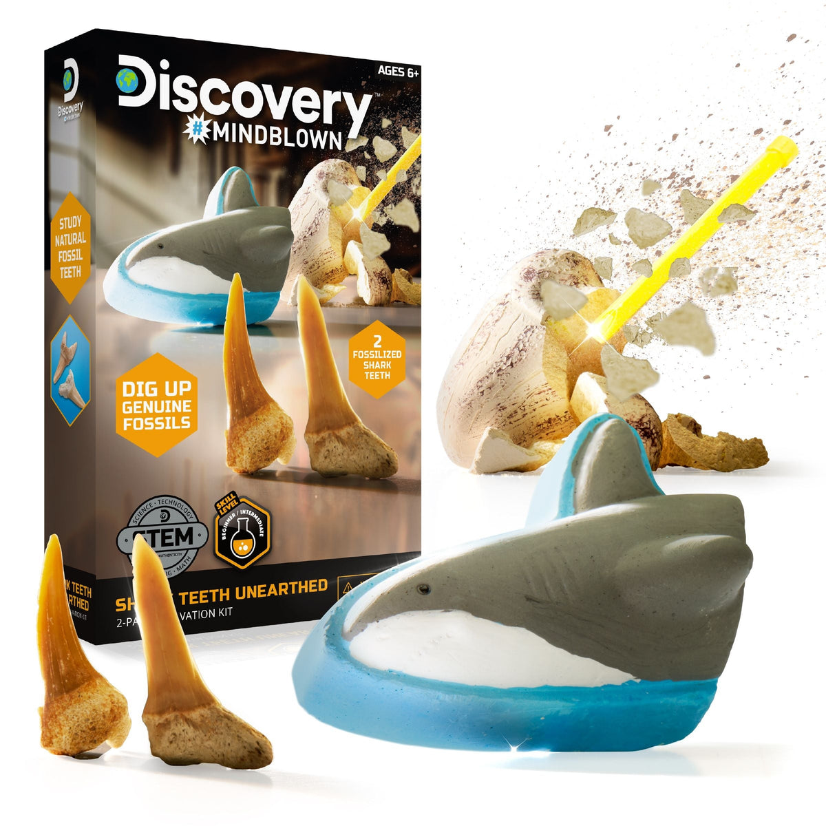 Mini Unearthed Shark Teeth Excavation Kit/Educational Toy for Ages 6+, 2-pc