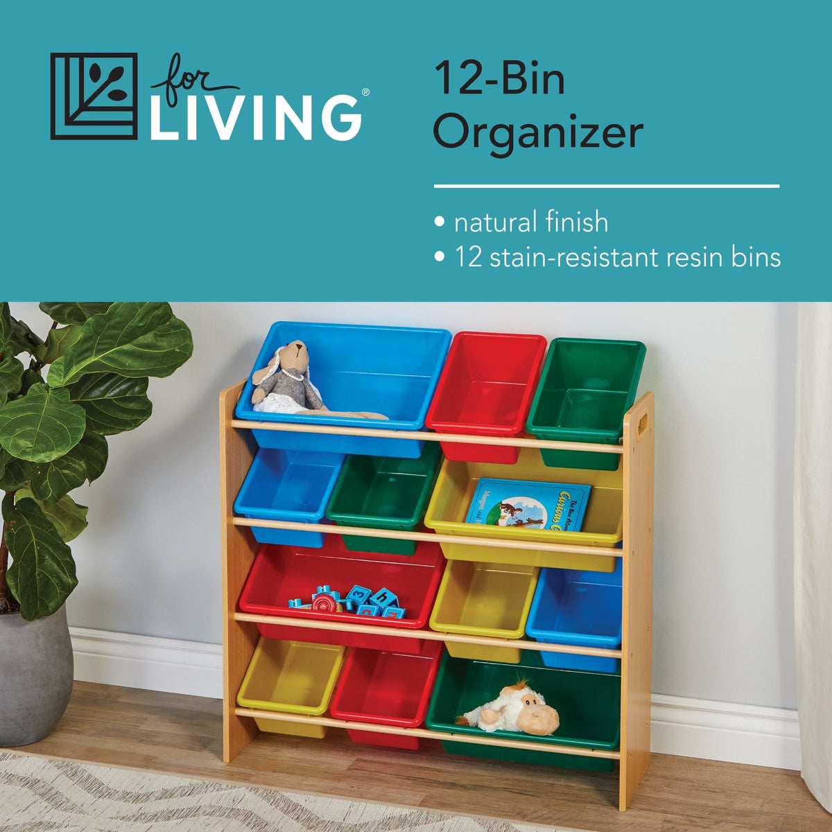 Kids 12-Bin Bedroom/Playroom Toy Storage Organizer, Yellow