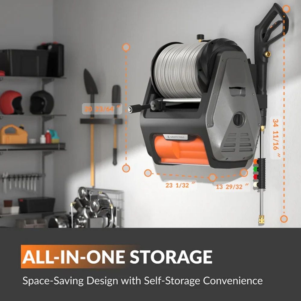 Grandfalls Pro Wall Mounted 2700 PSI 1.6 GPM Brushless Retractable Electric Pressure Washer with 100-ft Hard Hose