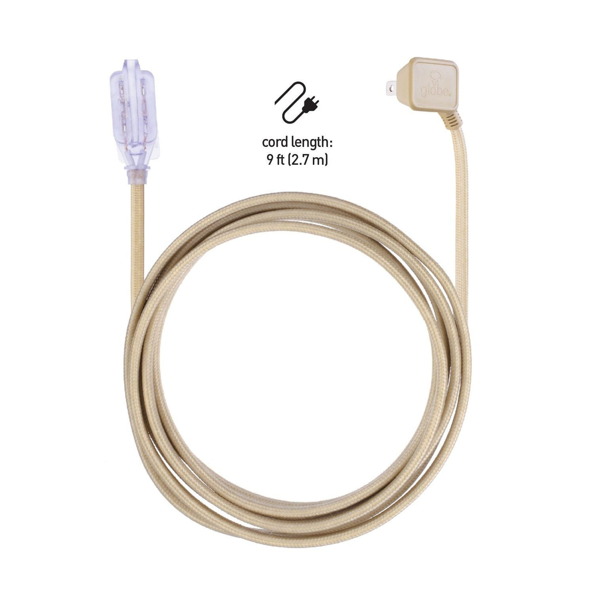 9-ft 16/2 Fabric Extension Cord, Right Angle Plug, 3 Outlets, Gold