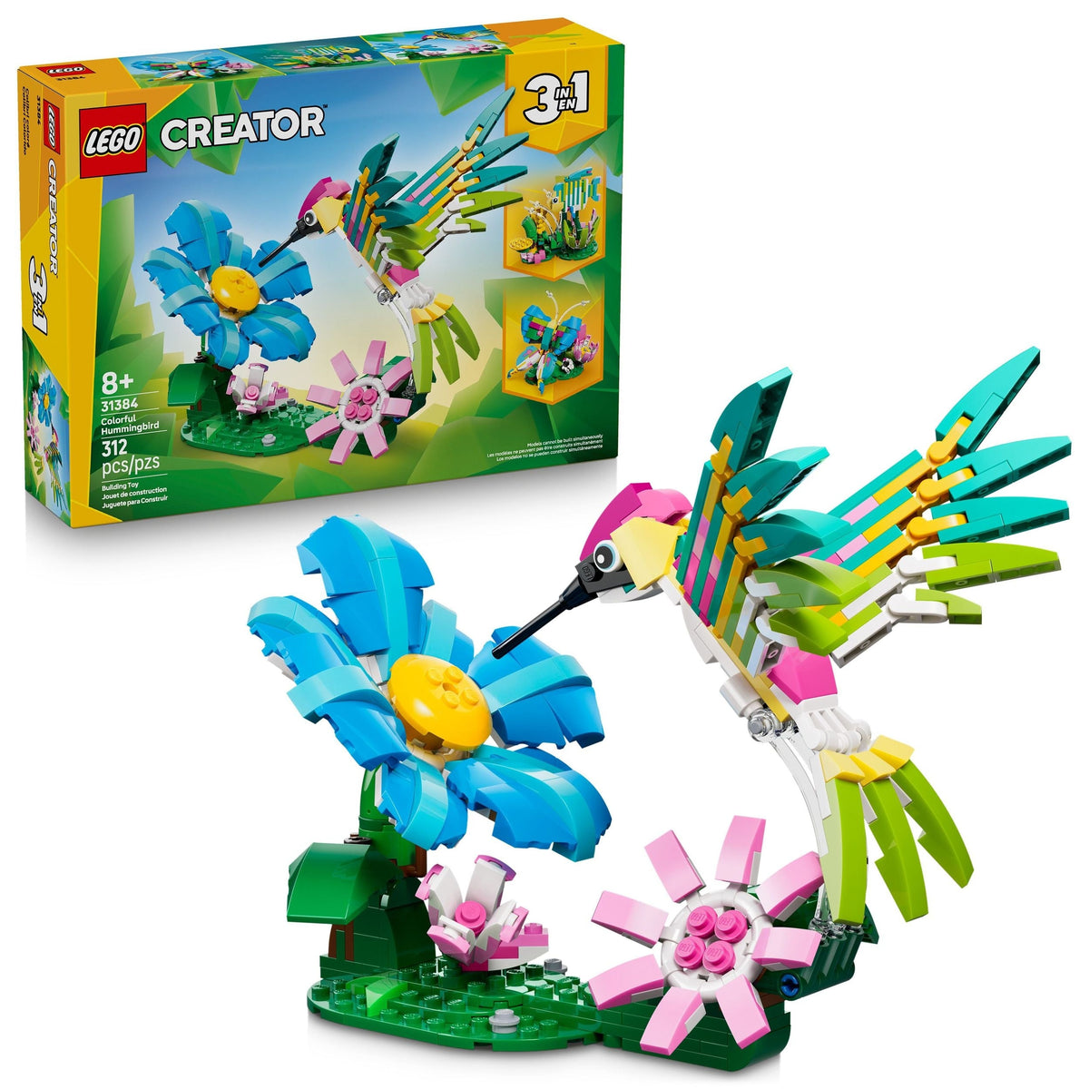 Creator 3-in-1 Wild Animals: Colourful Hummingbird Toy Building Set - 31384, 312-pcs, Ages 8+