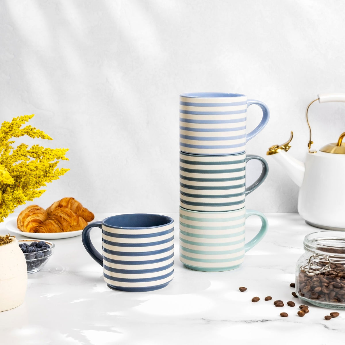 Blue Strip Stackable Mugs, Assorted Colours, 4-pk