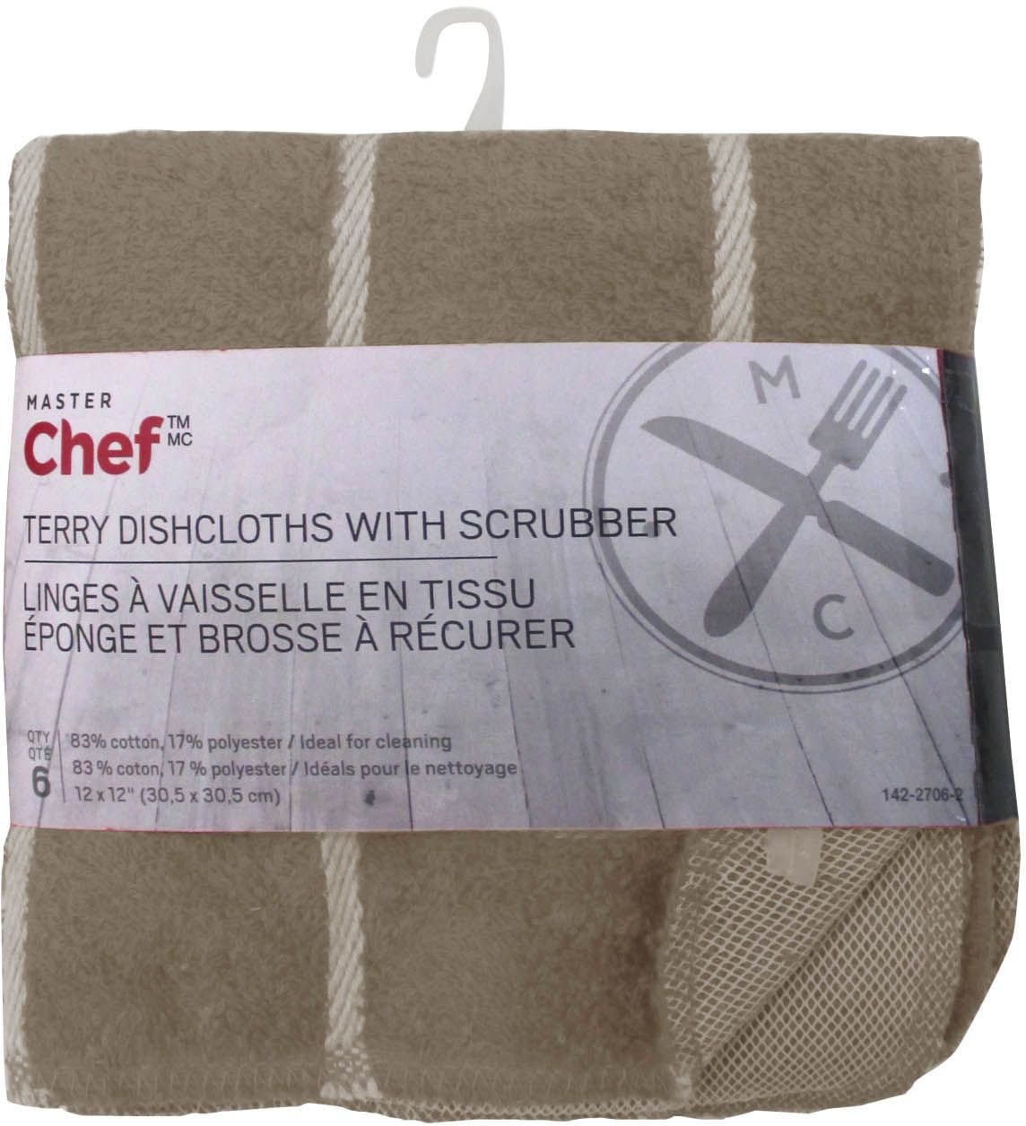 Terry Cotton Checkered Dishcloths with Scrubber, 12-in x 12-in, 6-pk, Brown