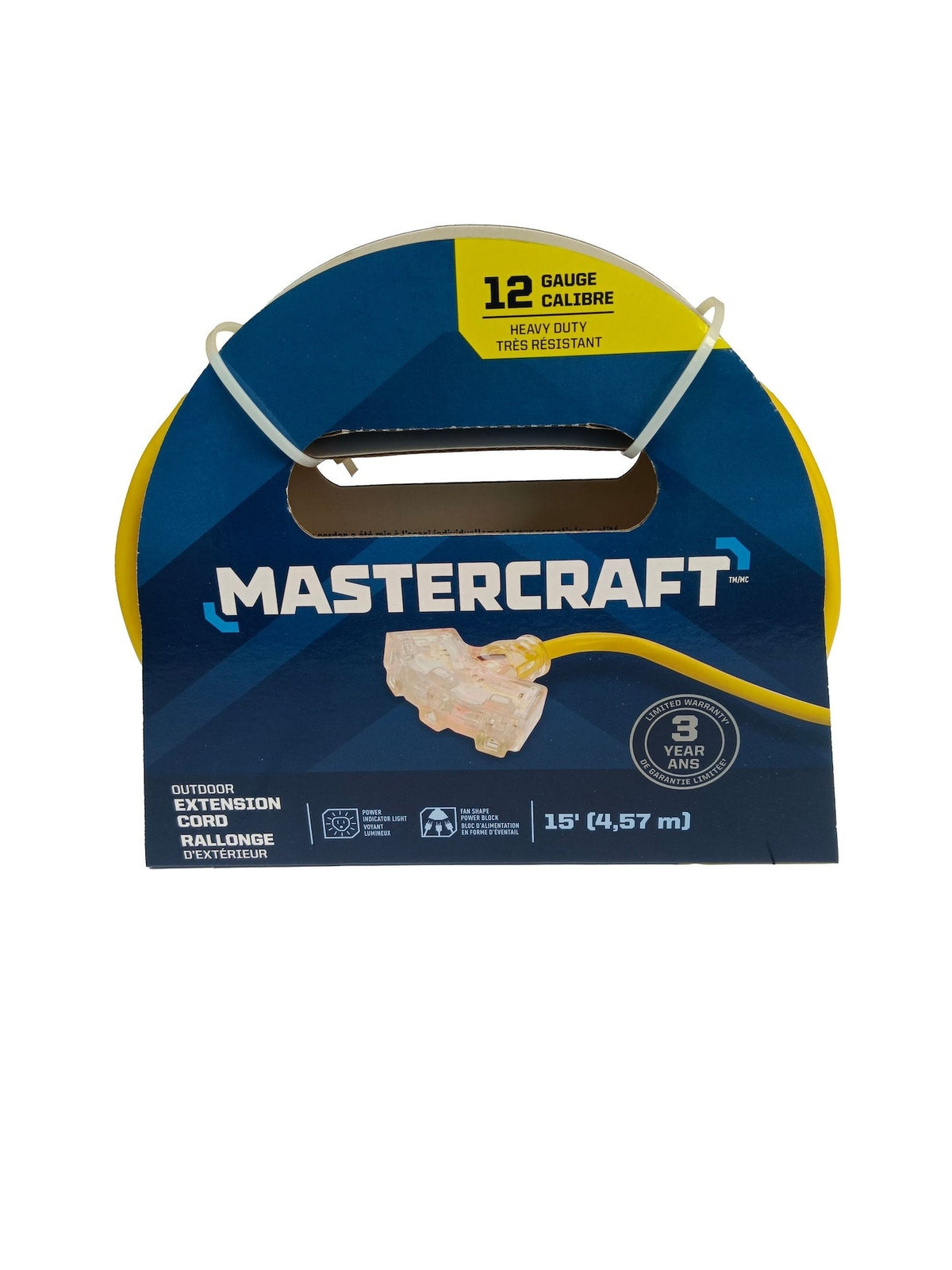 15-ft 12/3 Outdoor Extension Cord with 3 Grounded Outlets and Lighted End, Yellow
