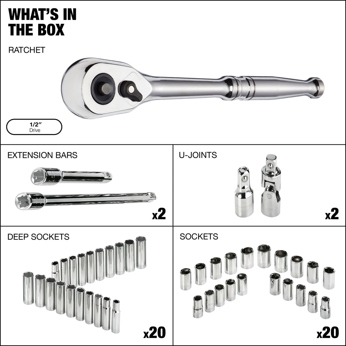 MAXIMUM 1/2-in Drive Professional Grade Socket Set, 45-pc, SAE/Metric, CRV, Nickel-Chrome Plating