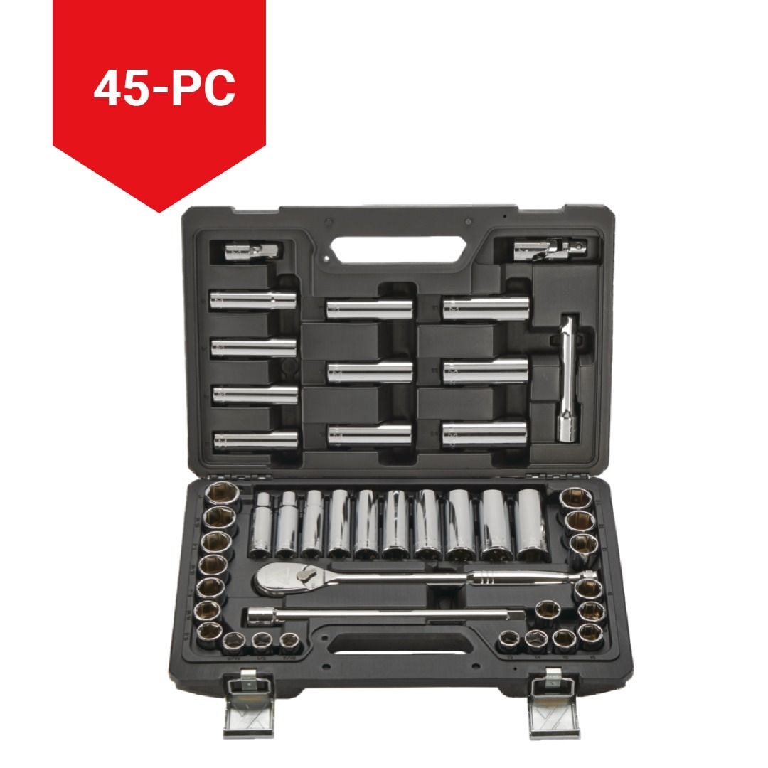 MAXIMUM 1/2-in Drive Professional Grade Socket Set, 45-pc, SAE/Metric, CRV, Nickel-Chrome Plating