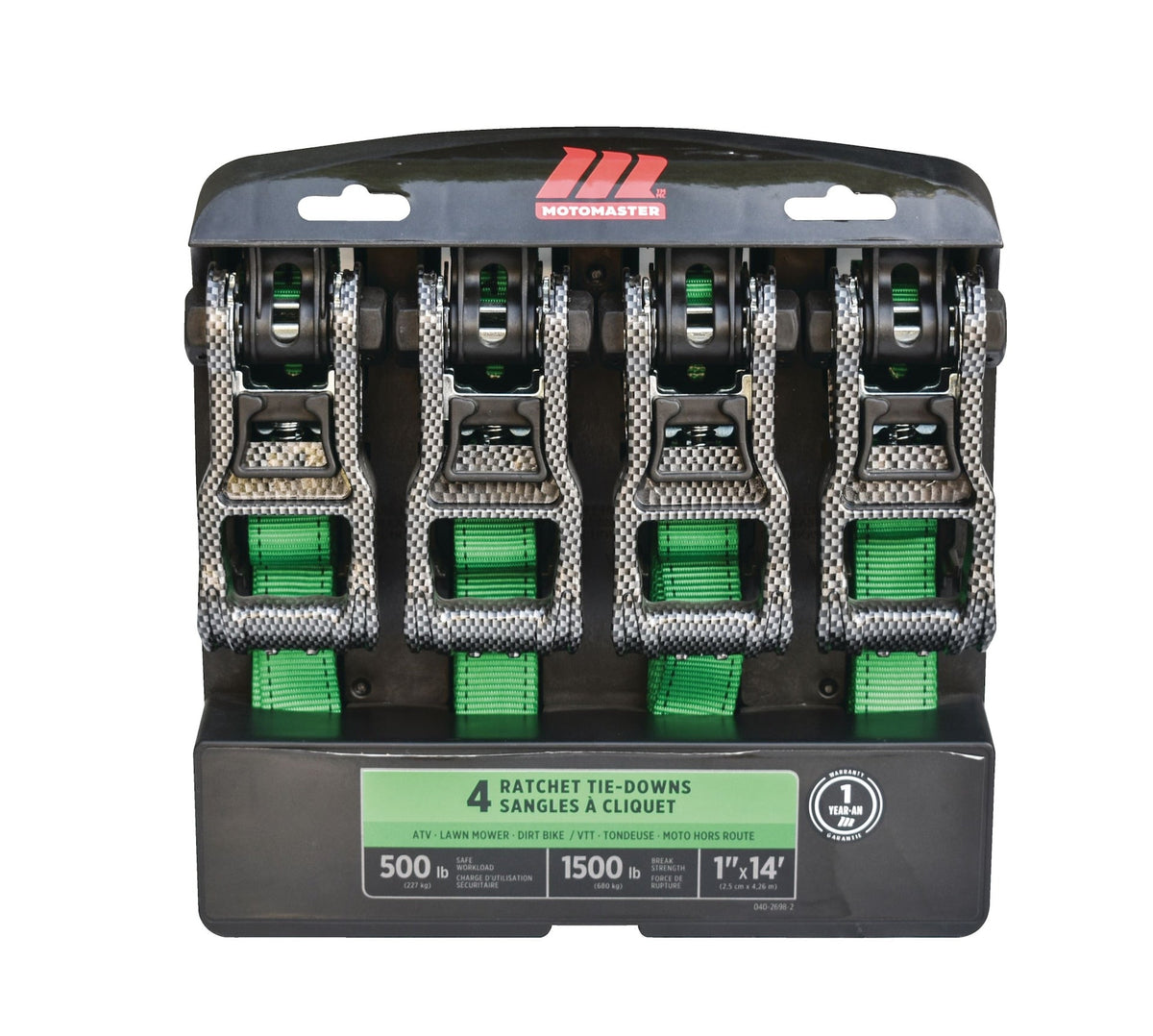 1,500-lb Carbon Ratchet Tie Downs, Weatherproof, 1-in x 14-ft, 4-pk, Green