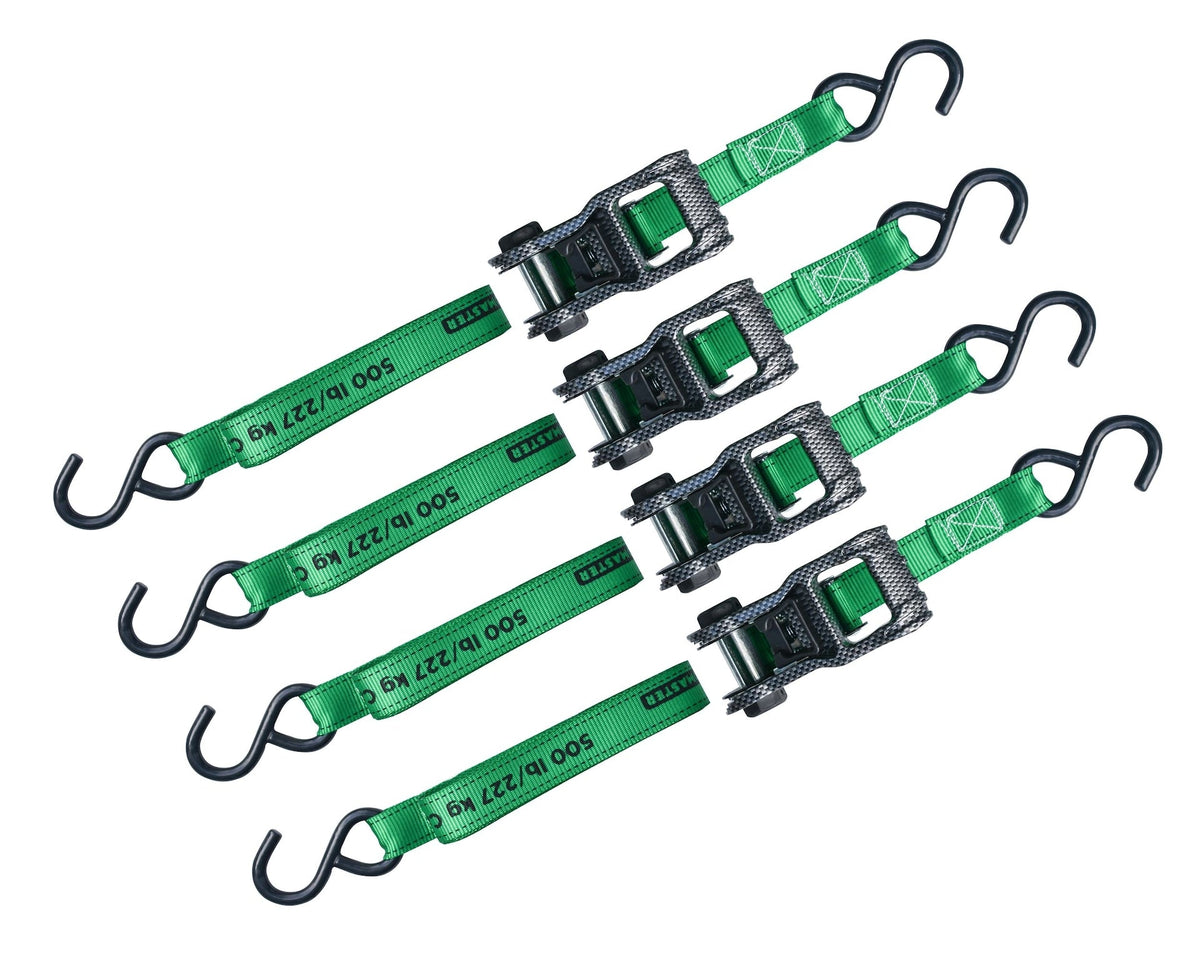 1,500-lb Carbon Ratchet Tie Downs, Weatherproof, 1-in x 14-ft, 4-pk, Green