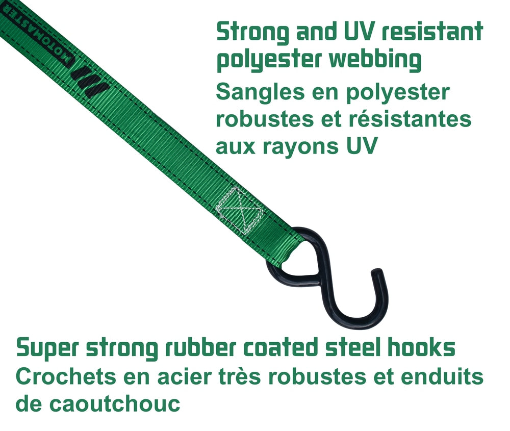 1,500-lb Carbon Ratchet Tie Downs, Weatherproof, 1-in x 14-ft, 4-pk, Green