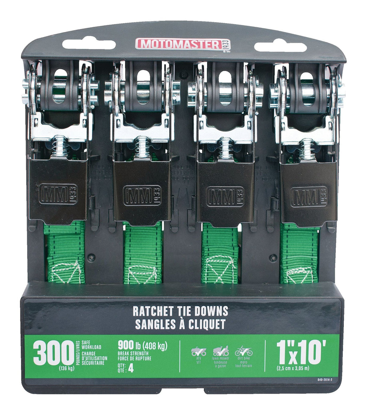 900-lb Ratchet Tie-Down Straps, Non-Padded, 1-in x 10-ft, 4-pk