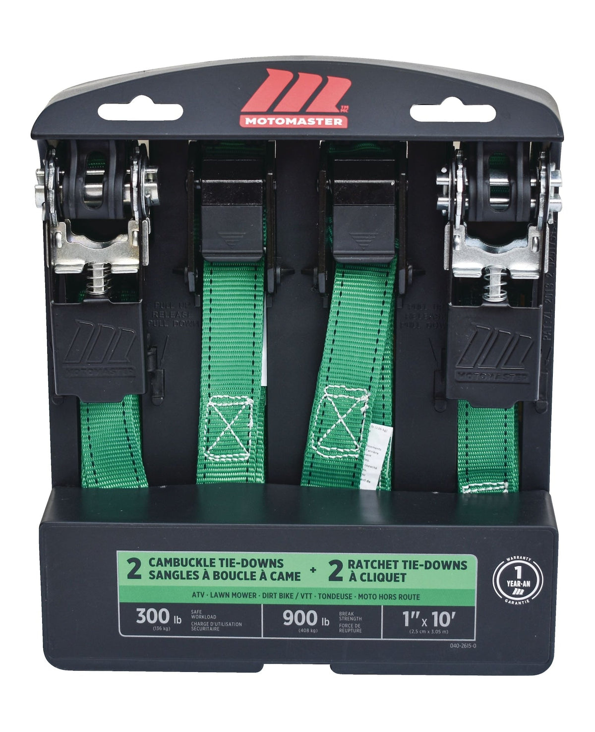 900-lb Ratchet/Cambuckle Tie-Down Straps, Non-Padded, 1-in x 10-ft, 4-pk