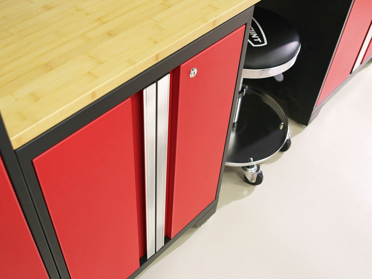 Bold 3.0 Series All-in-One Lockable Steel Garage Cabinetry Set with Bamboo Top, Black/Red, 48-in x 18-in x 76.75-in, 5-pc