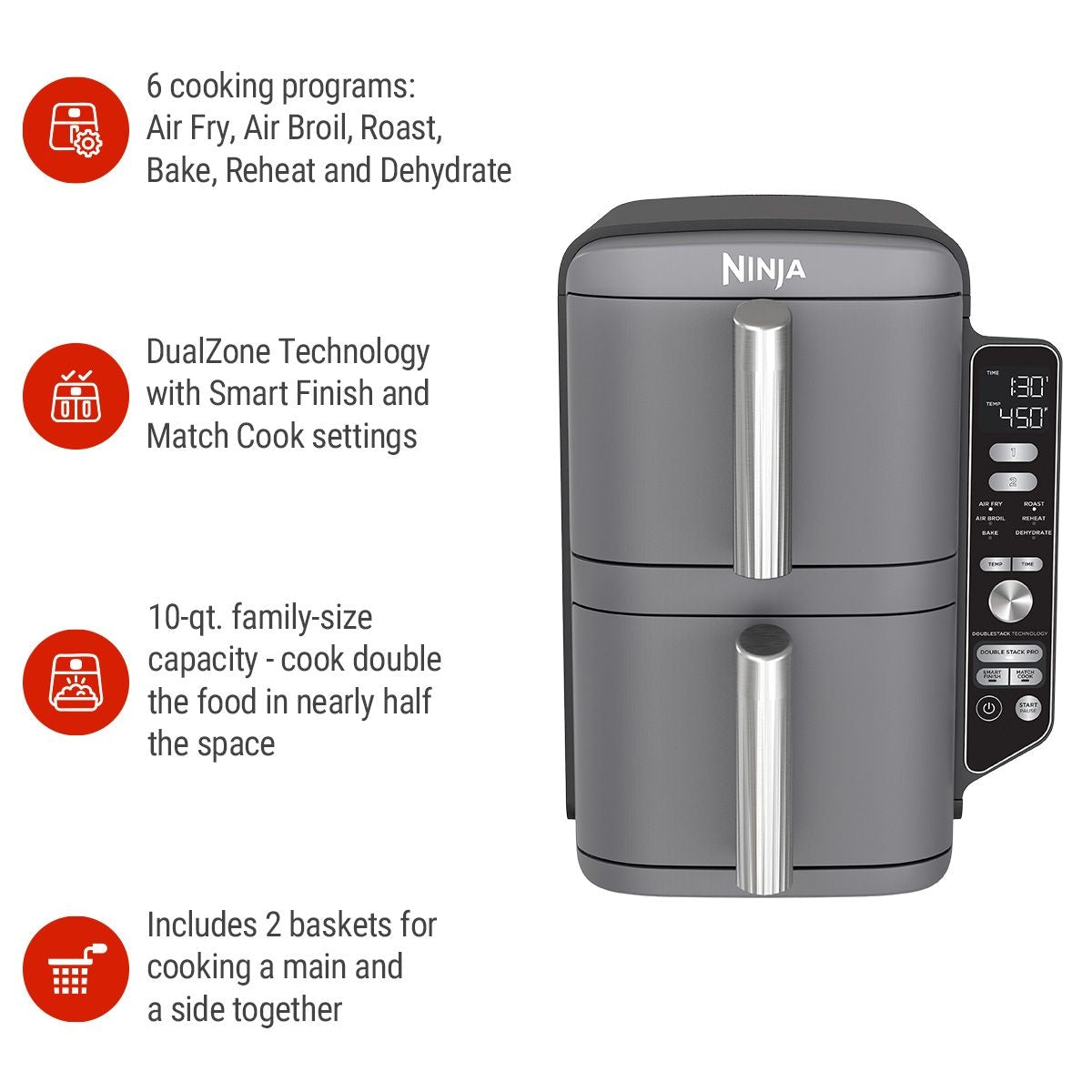XL Multi-Rack Air Fryer with 2 Baskets & 6 Functions, 10-qt