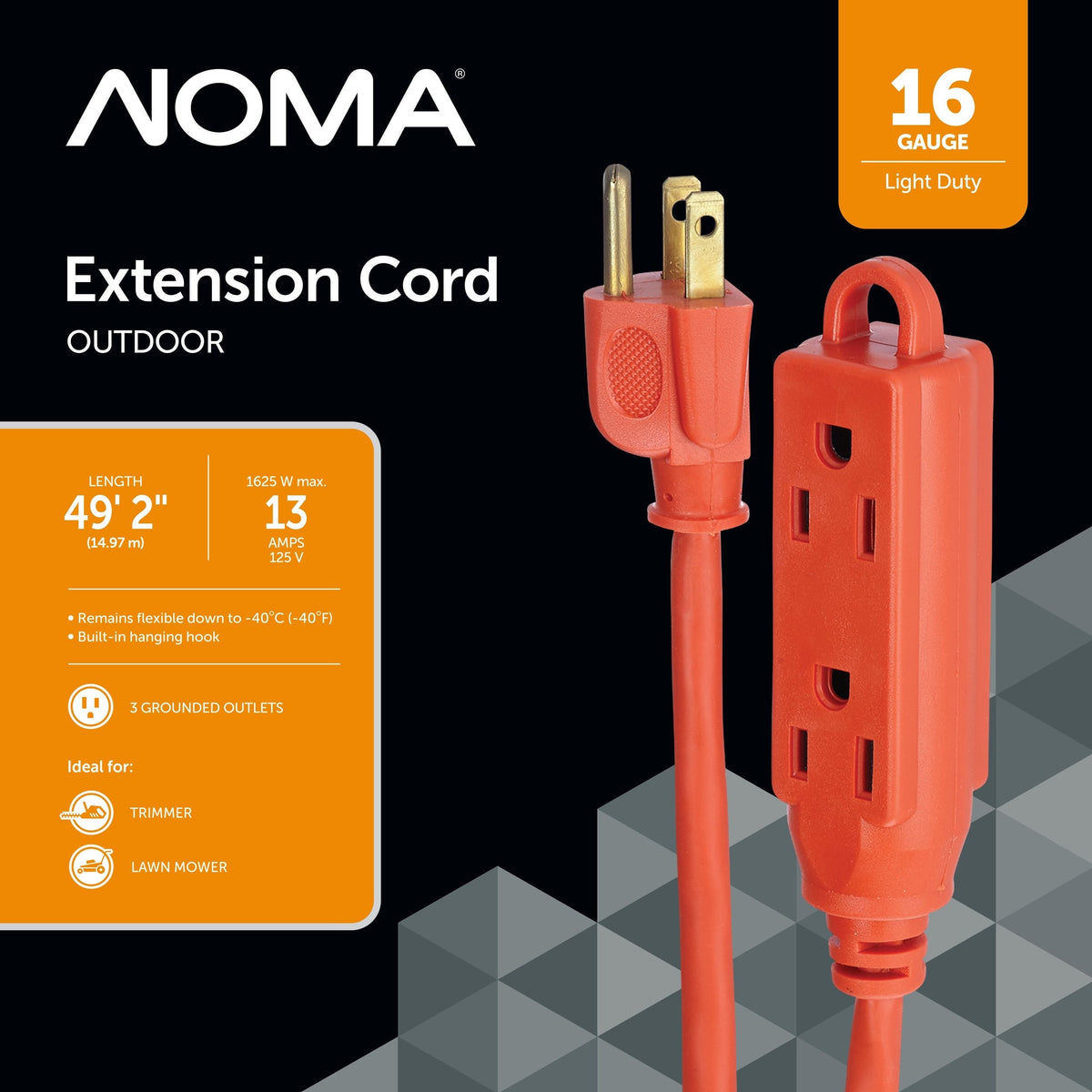 50-ft 16/3 Outdoor Extension Cord with 3 Grounded Outlets & Banana End, Orange