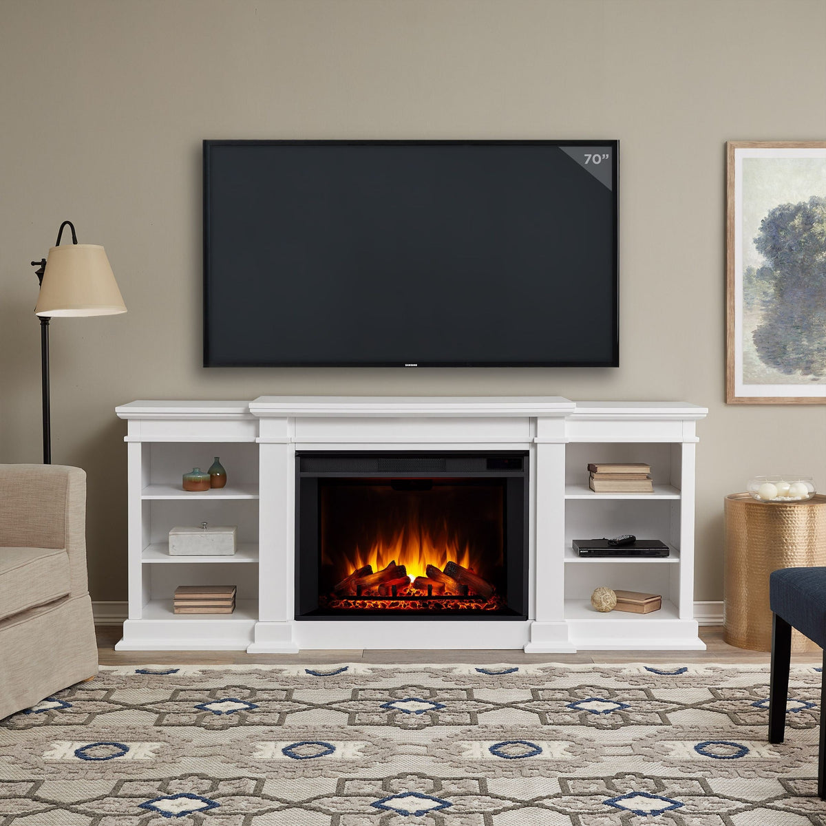 Eliot Grand Entertainment VividFlame Media Indoor Electric Fireplace TV Stand, 1500W, Includes Remote Control & Firebox, White