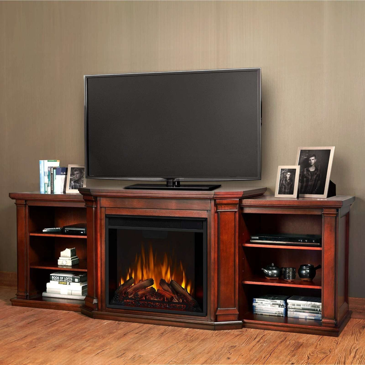 Valmont Media Indoor Electric Fireplace TV Stand, 74-in, 1500W, Includes Remote Control & Firebox, Dark Mahogany