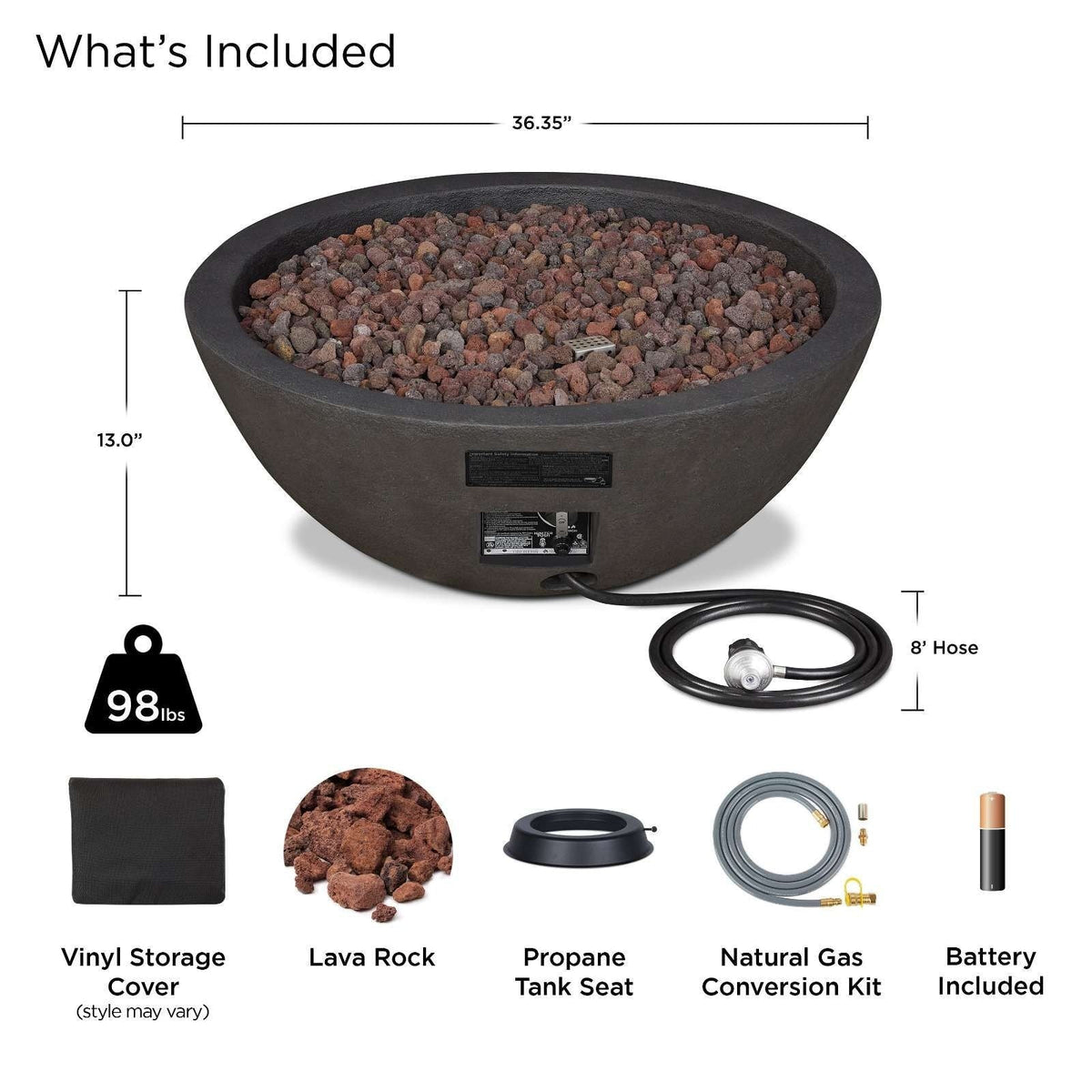 Riverside Round Concrete Gas Fire Pit in Shale, 36-in