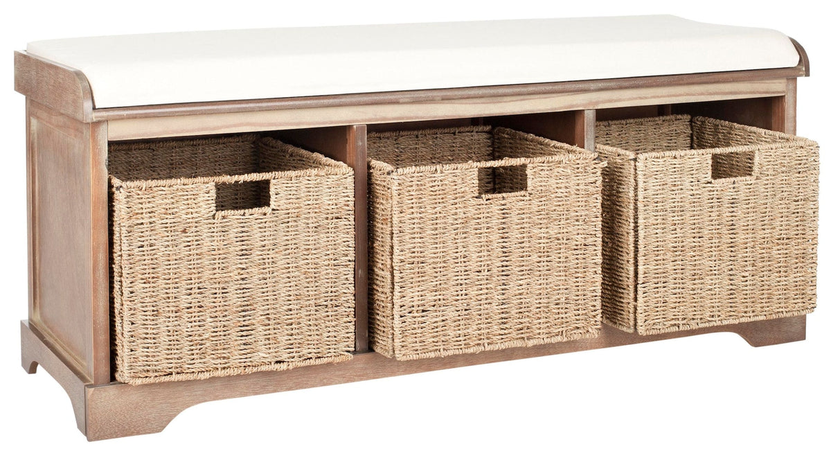 Lonan Wicker Storage Bench, Grey Wash/White, 16.1-in x 47-in x 19.9-in