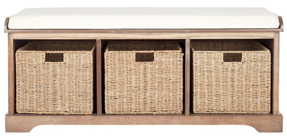 Lonan Wicker Storage Bench, Grey Wash/White, 16.1-in x 47-in x 19.9-in