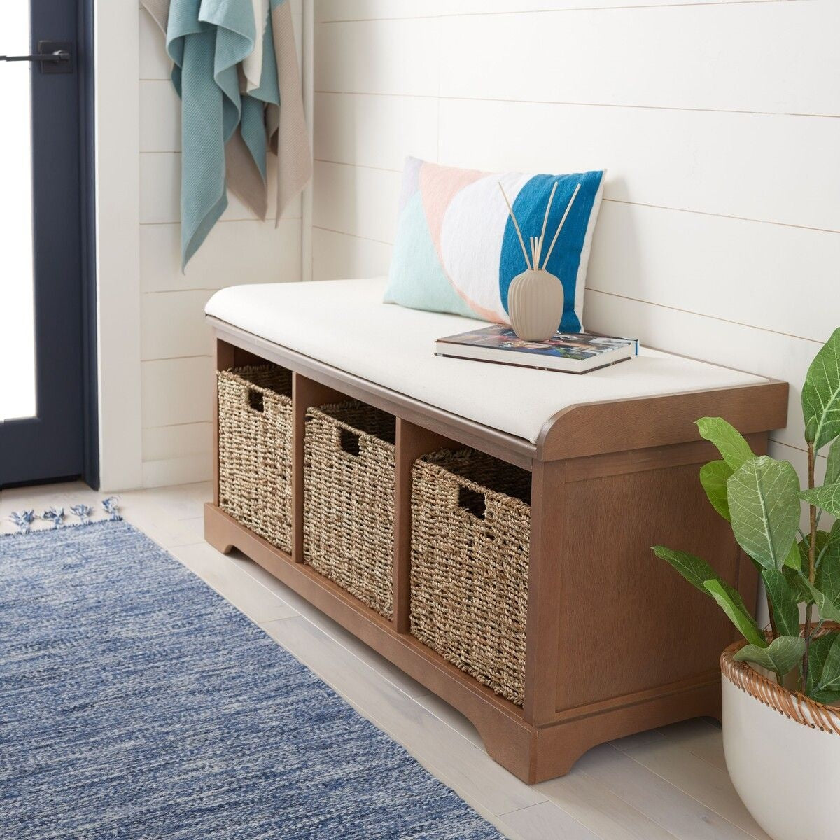 Lonan Wicker Storage Bench, Grey Wash/White, 16.1-in x 47-in x 19.9-in