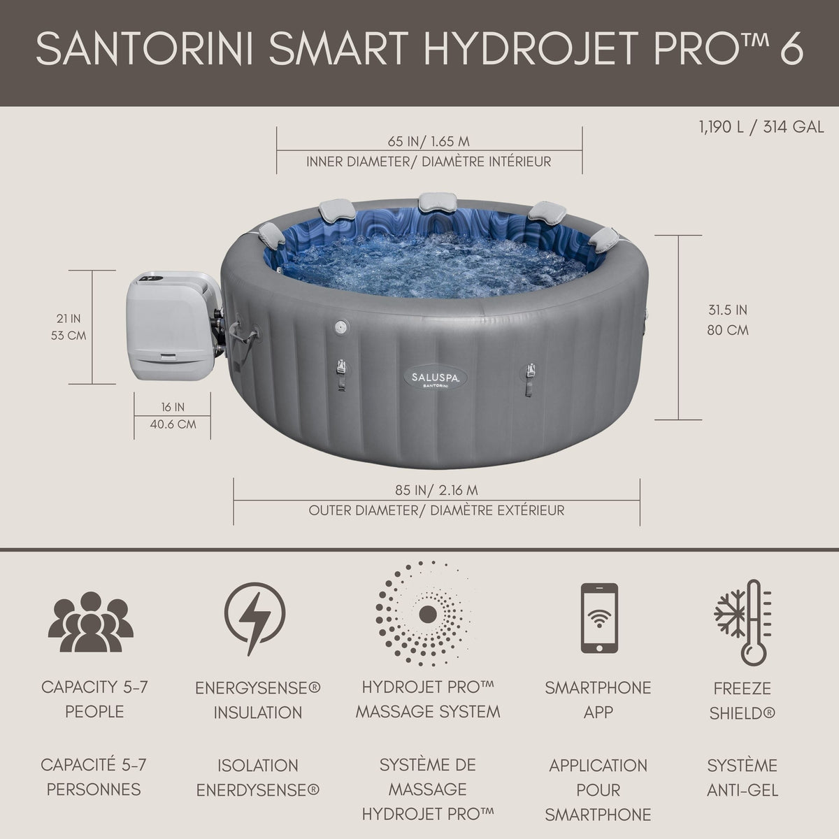 Santorini Grey 7-Person Luxe HydroJet Pro Round Smart Spa, 85-in x 31.5-in