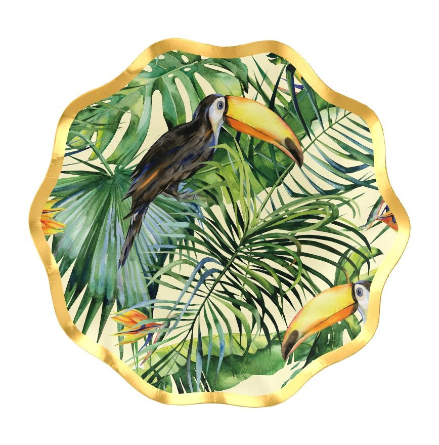 Palm Spring Round Paper Disposable Appetizer Bowls, Green/Gold, 6.5-in, 8-pk, for Summer Party