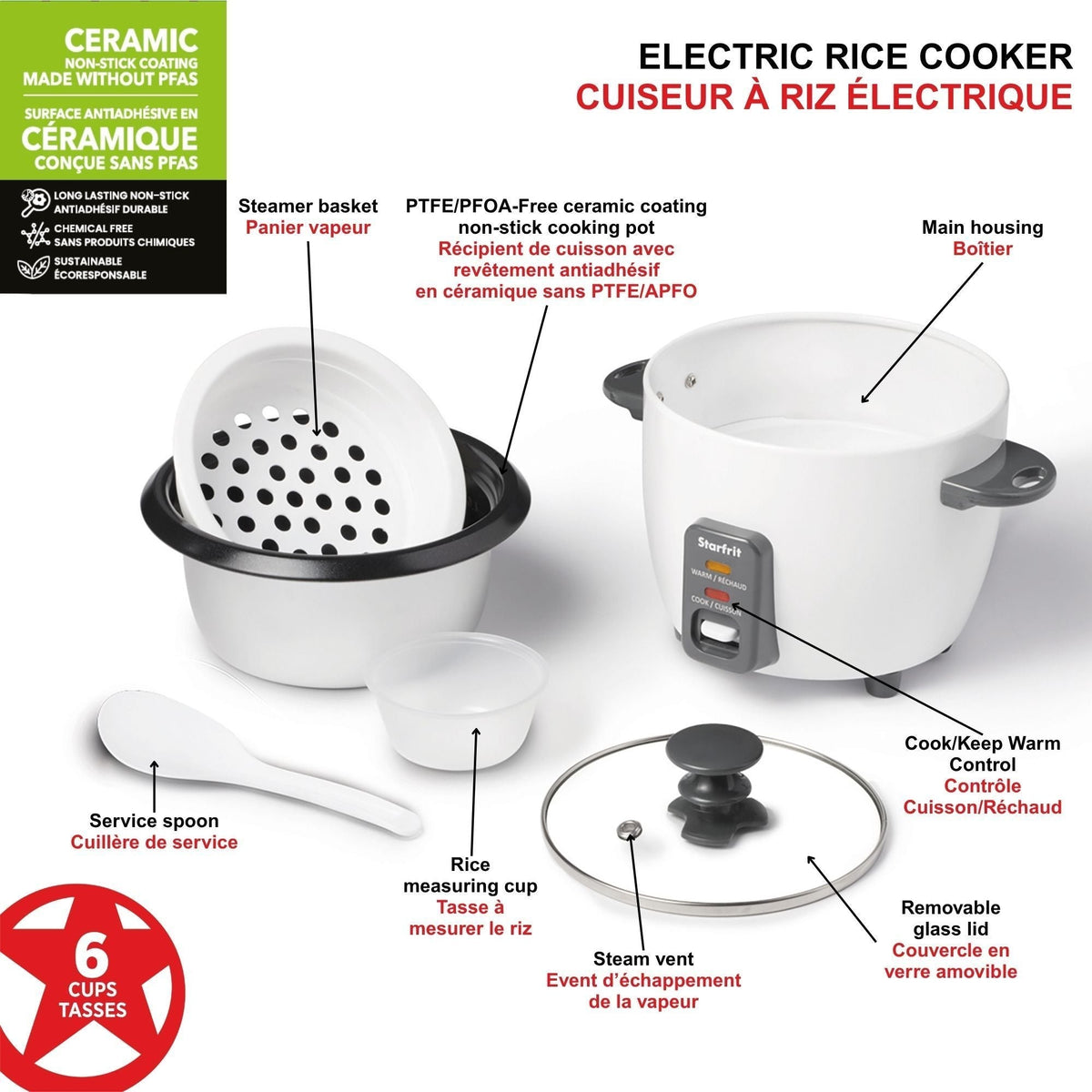 300W 6-Cup White Rice Cooker with Steam Basket