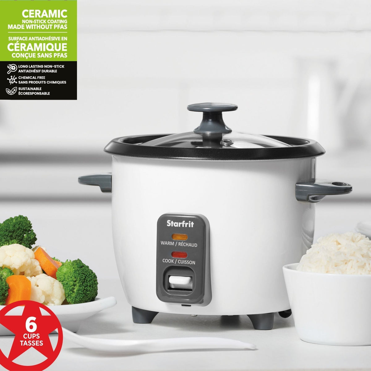 300W 6-Cup White Rice Cooker with Steam Basket