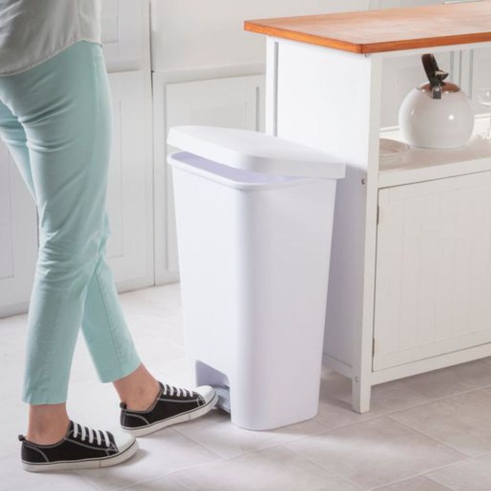 Plastic Rectangular Step Garbage Can, White, 45-L