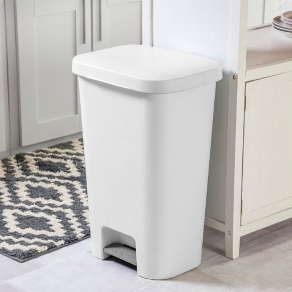 Plastic Rectangular Step Garbage Can, White, 45-L