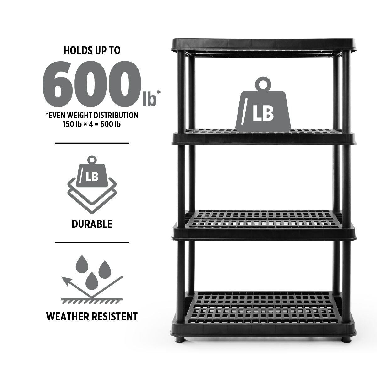 4-Shelf Resin/Plastic Storage Rack/Shelving Unit, 36 x 18 x 54-in