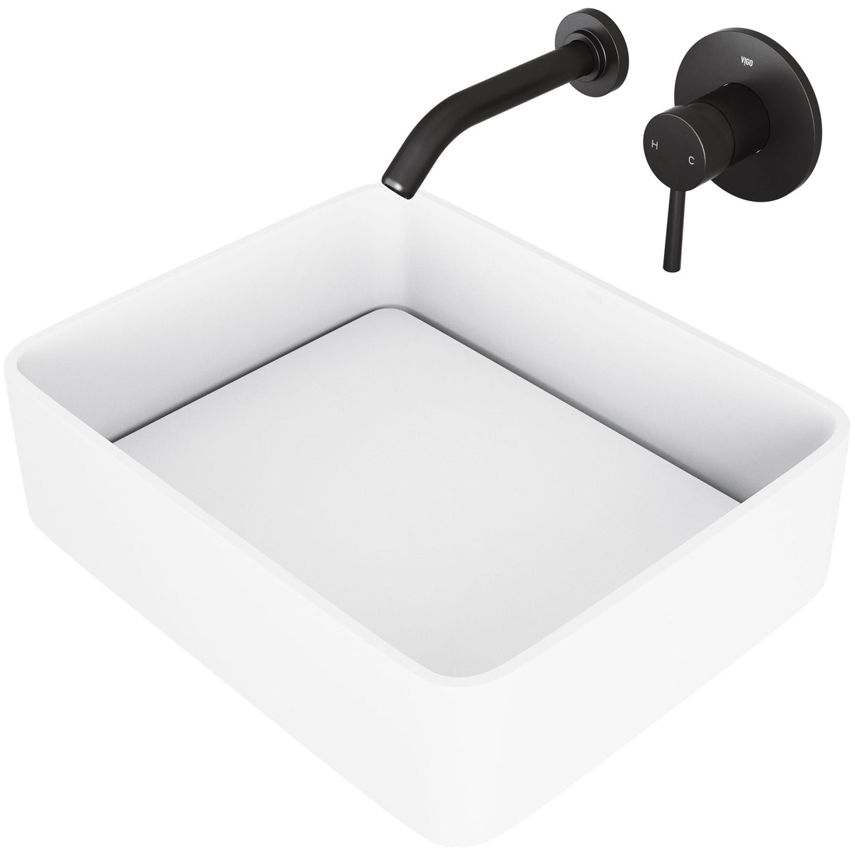 Jasmine White Bathroom Sink/Basin Set with Olus Wall Mount Faucet and Rectangular Composite Vessel