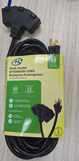20' 16 Gauge 3-Tap Outdoor Extension Cord, Black