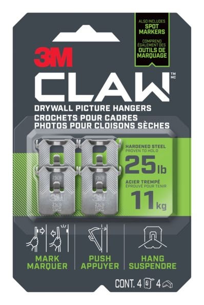 Claw DrywAll Picture Hanger, 25-lb Capacity, 4 Hangers per Pack