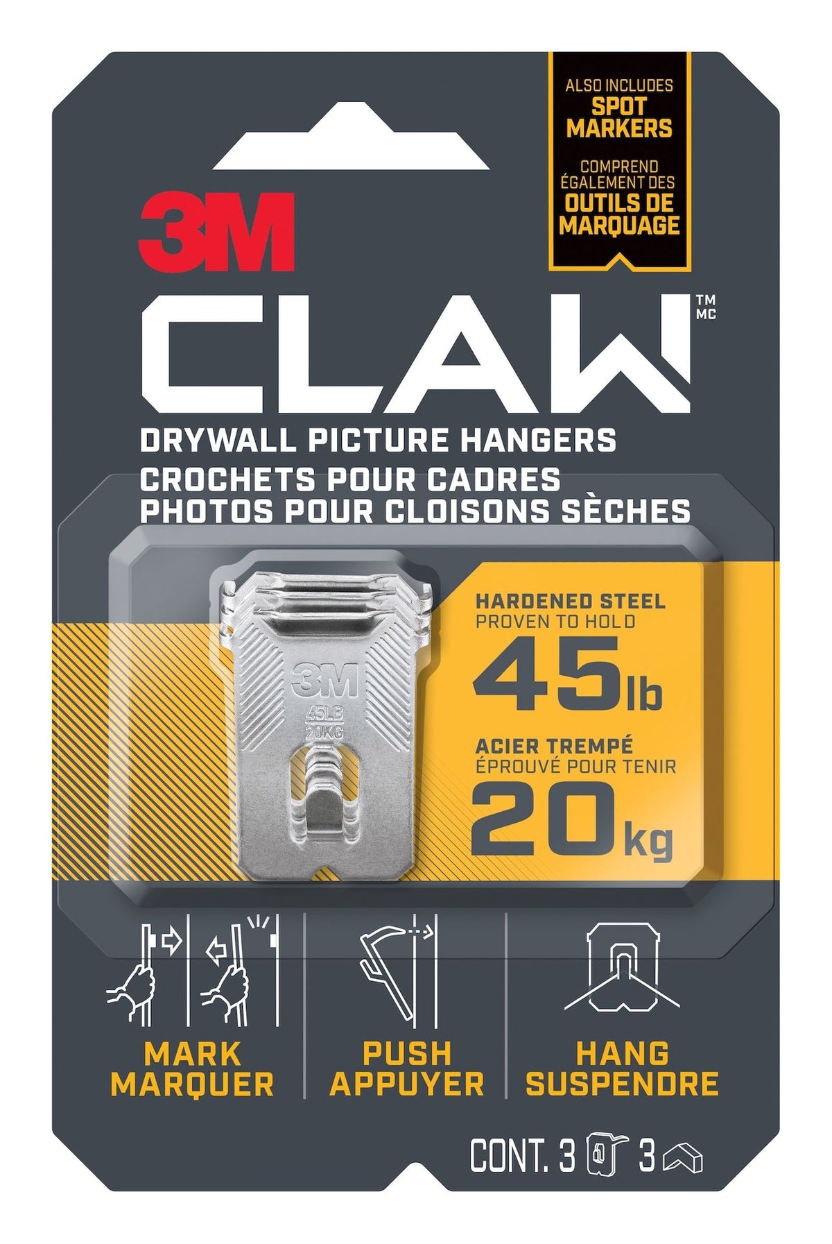 Claw DrywAll Picture Hanger, 45-lb Capacity, 3 Hangers per Pack