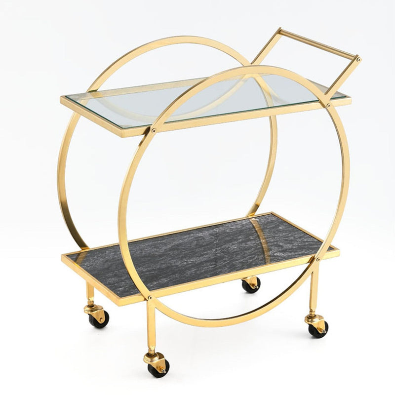 Zara 2-Tier Circular Rolling Bar Storage Cart with Mirrored Top, Gold F7