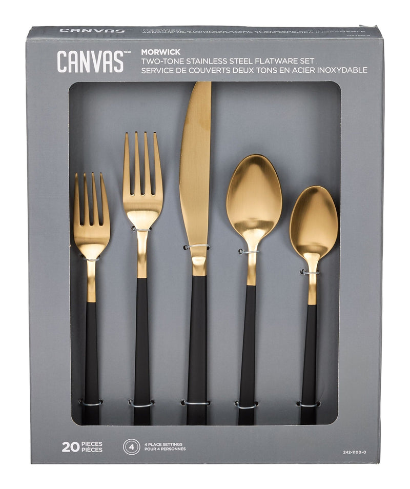 CANVAS Flatware Set, Serves 4, 20-pc, Black & Gold T1