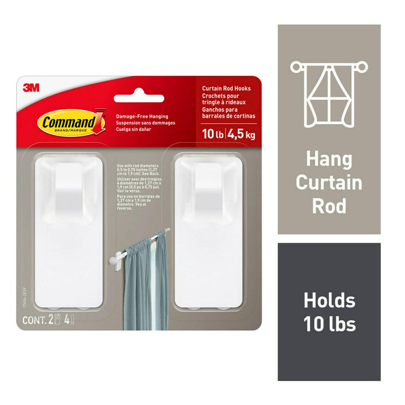 2-Piece 10-lb Matte White Damage Free Curtain Rod Hooks I3