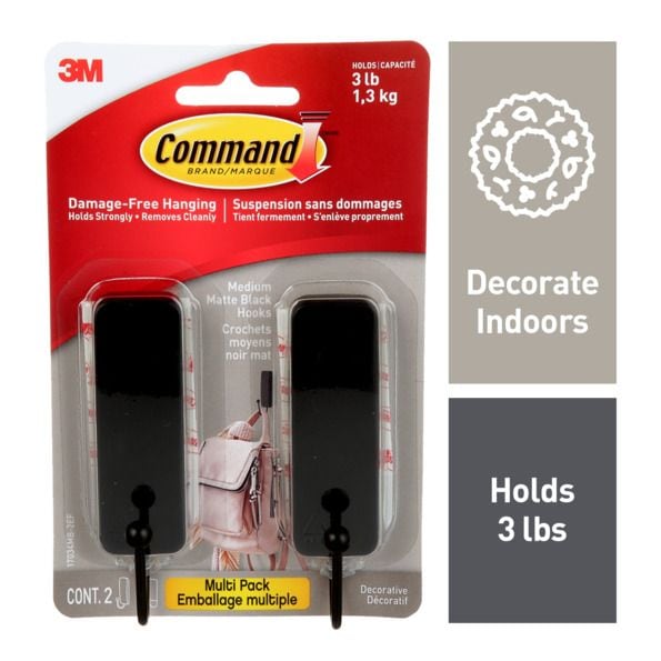 Medium Decorative Hooks with Adhesive Strips, Matte Black, 3-lbs, 2 Strips per Pack
