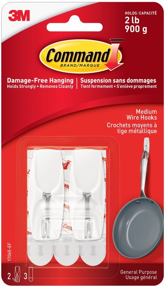 Medium Wire Toggle Hooks with Adhesive Strips, White, 2-lbs, 2 Strips per Pack