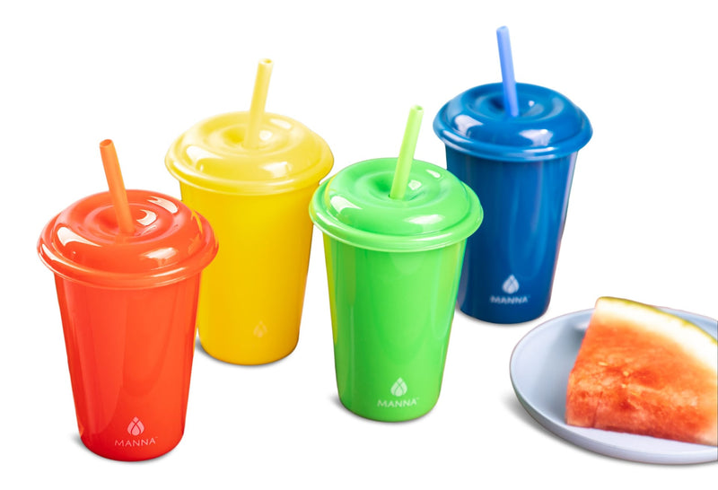 Plastic Kids Cups with Straws & Lids, 4-pc, Assorted Colours E4