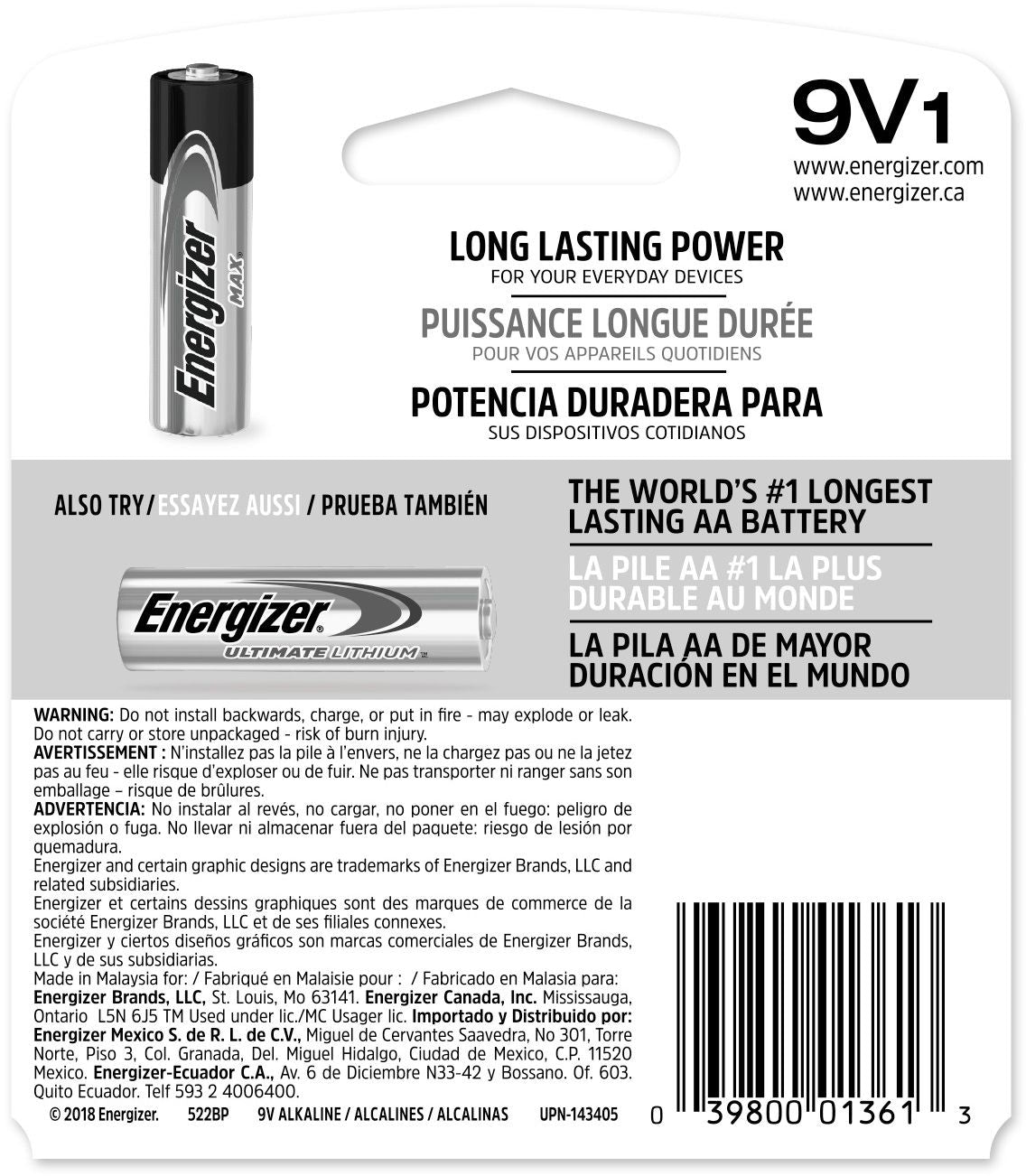 Max 1-pk 9V / 9 Volt Alkaline Battery, Long Lasting, All Purpose