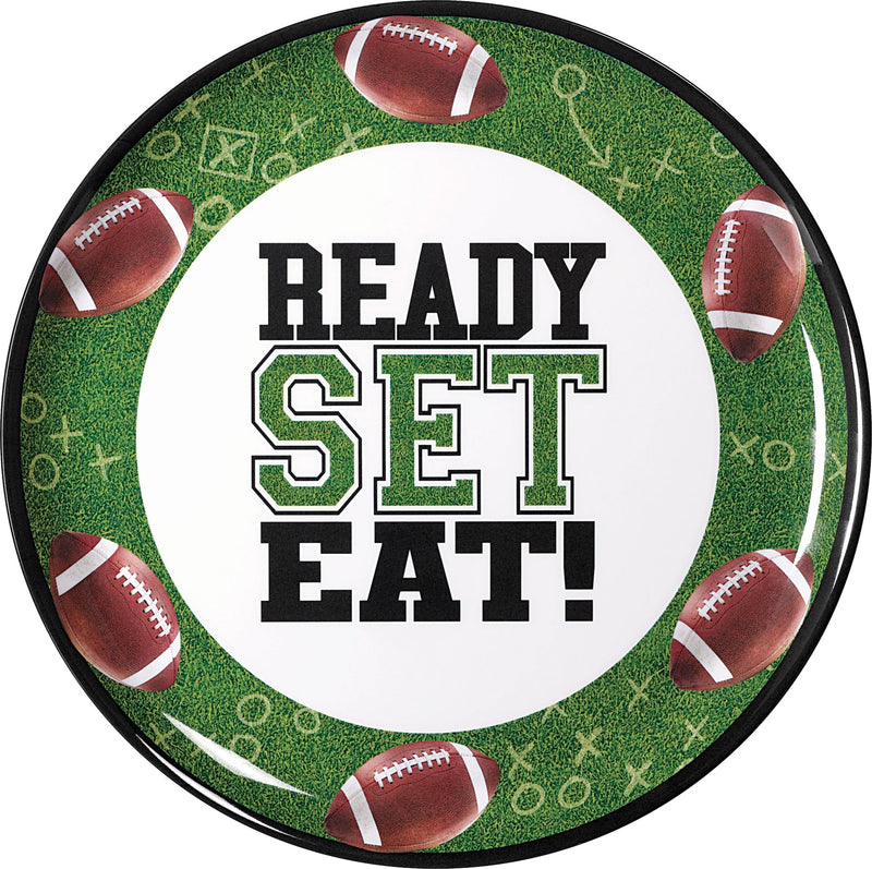 Football "Ready Set Eat" Round Plastic Melamine Reusable Serving Platter, Green, 13.5-in, for Sports Party X0