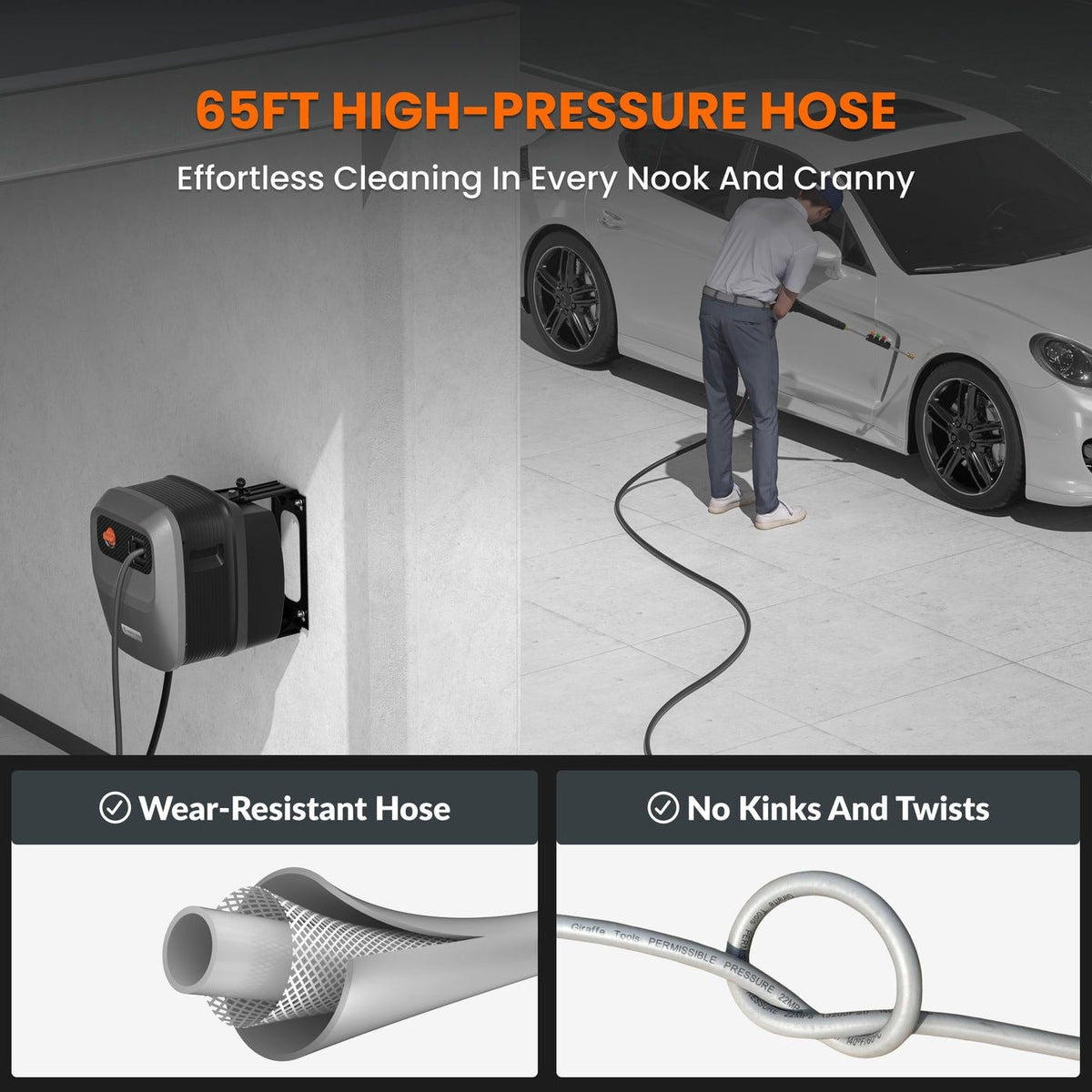 Grandfalls G20 Wall Mounted 1900 PSI 2.2 GPM Brushless Electric Pressure Washer with 65-ft Retractable Hard Hose