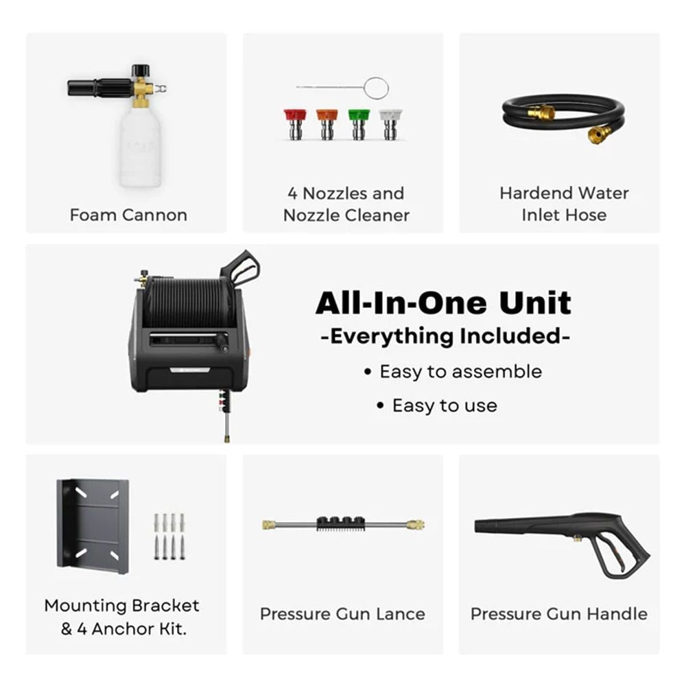 Grandfalls G30 Wall Mounted 2100 PSI 2.2 GPM Brushless Retractable Electric Pressure Washer with 100-ft Hard Hose