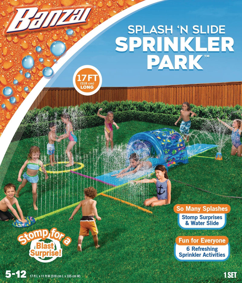 Inflatable Splash ‘N Slide Water Sprinkler Park, Blue, 17-ft, Ages 5+, for Beach/Pool Fun Activities Z0